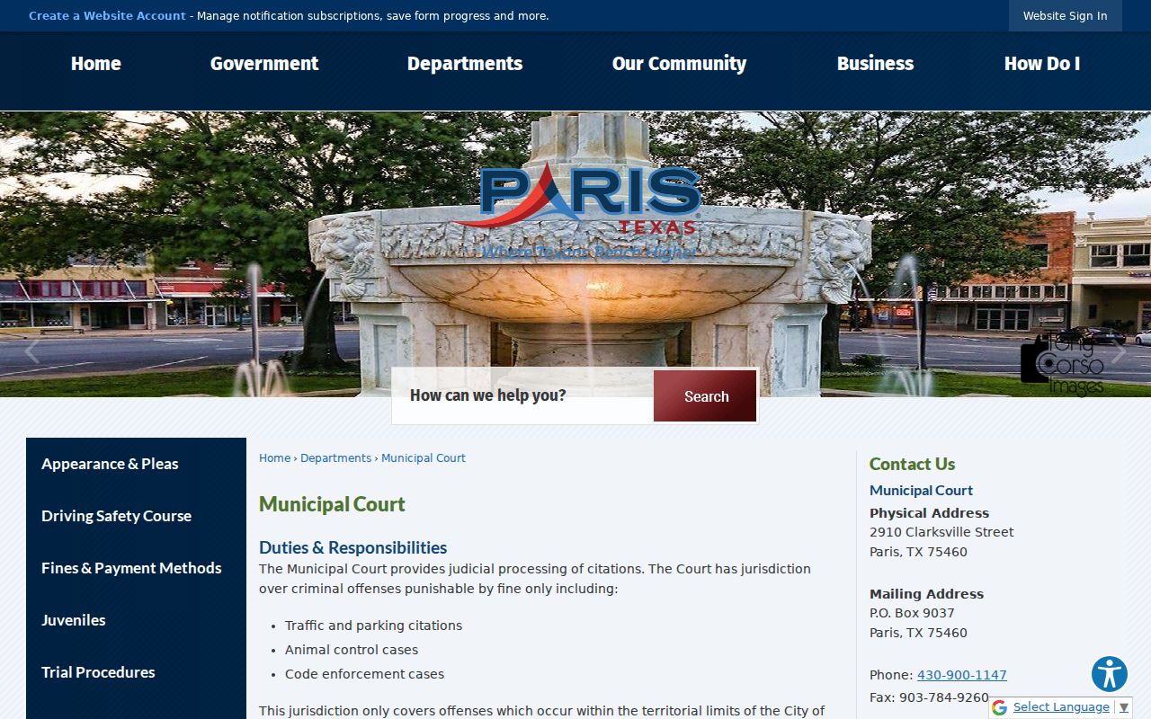 Paris municipal warrant records jurisdiction and court contact from the official city court page
