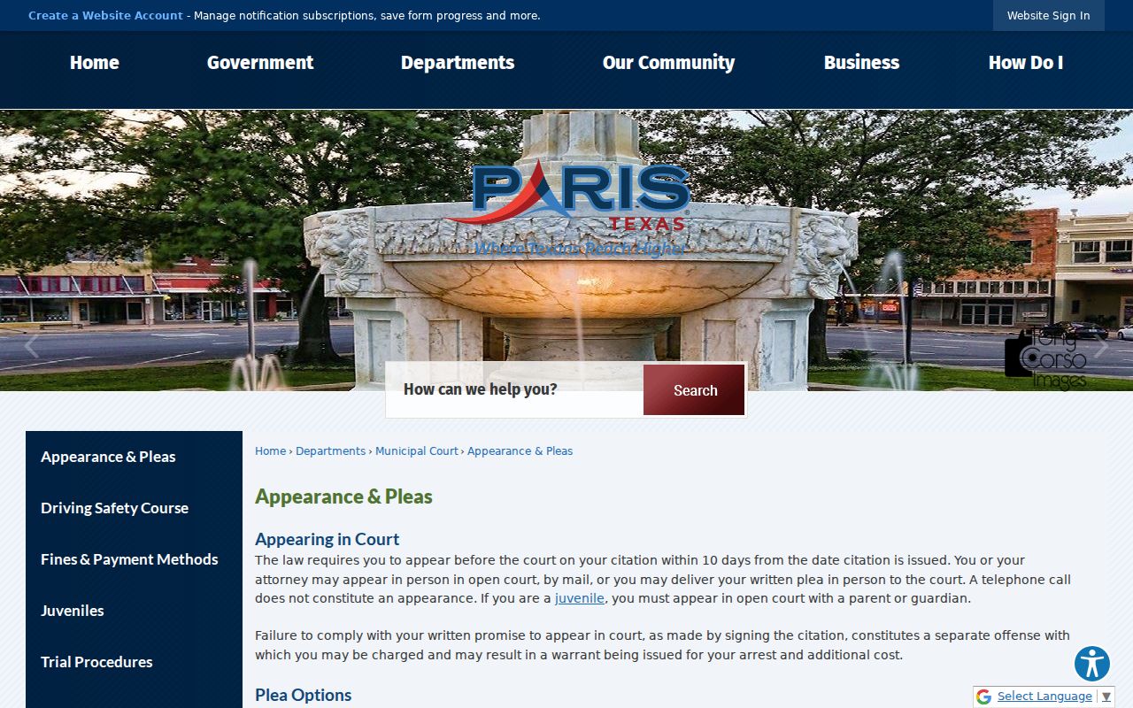 Paris warrant records and citation deadline information from the official appearance page