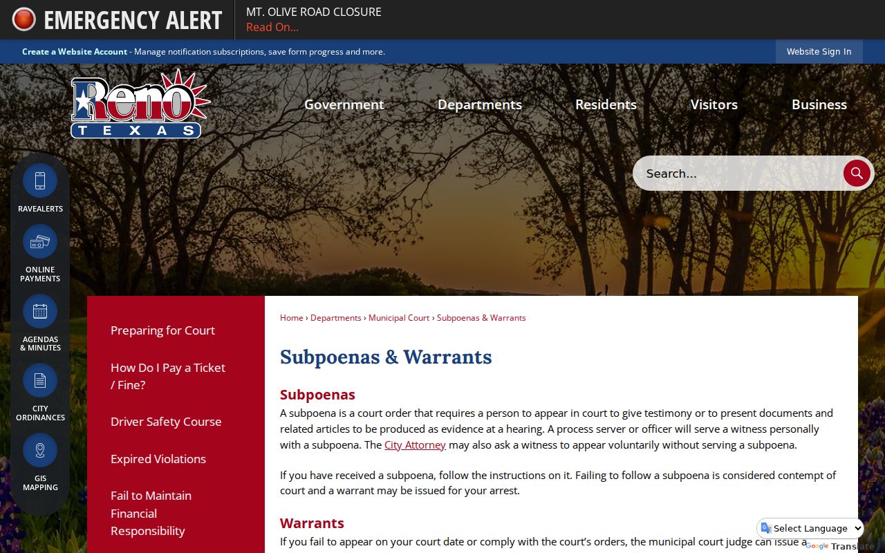 Reno warrant records guidance about missed appearances from the official city page