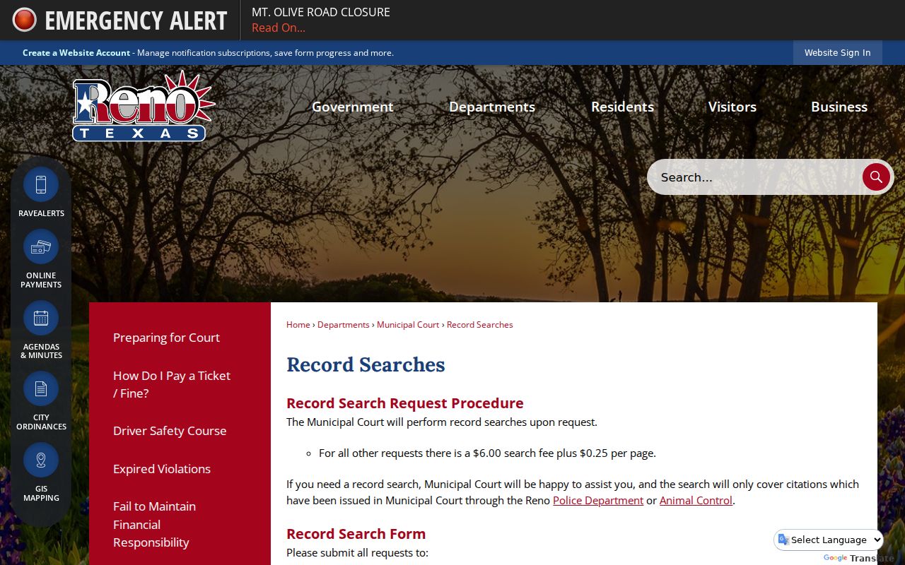 Reno warrant records research details from the city court's record search page