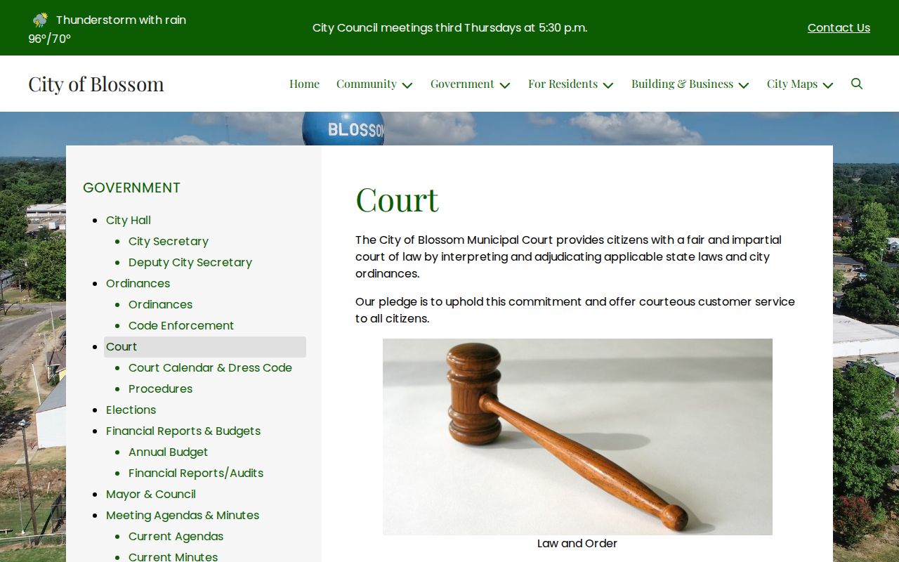 Blossom warrant records court contact from the city's official municipal court page