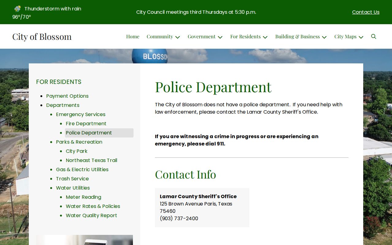 Blossom warrant records routing notice confirms the city has no police department