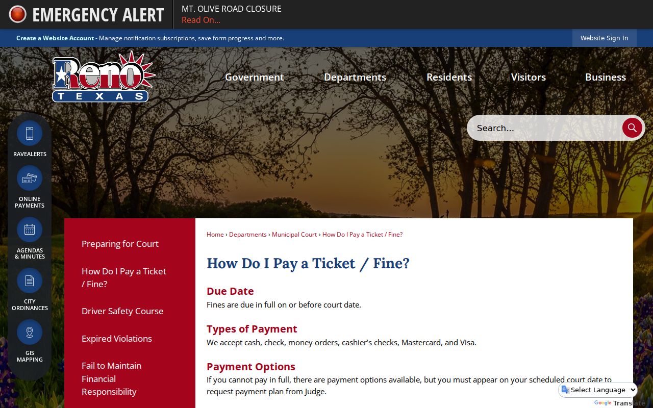 Reno warrant resolution details from the official municipal court payment page
