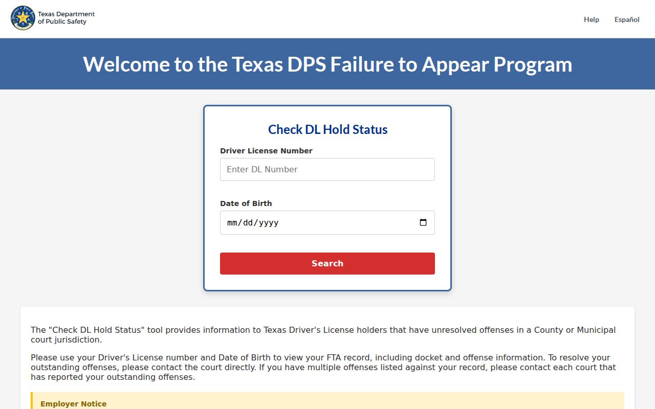 Lamar County traffic warrant research field labels on the official Texas FTA status tool