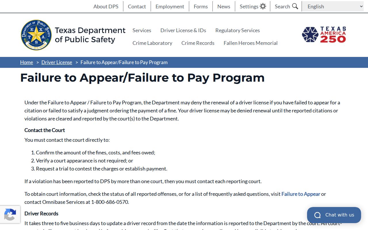Lamar County traffic warrant and FTA reporting context from the Texas DPS license renewal page