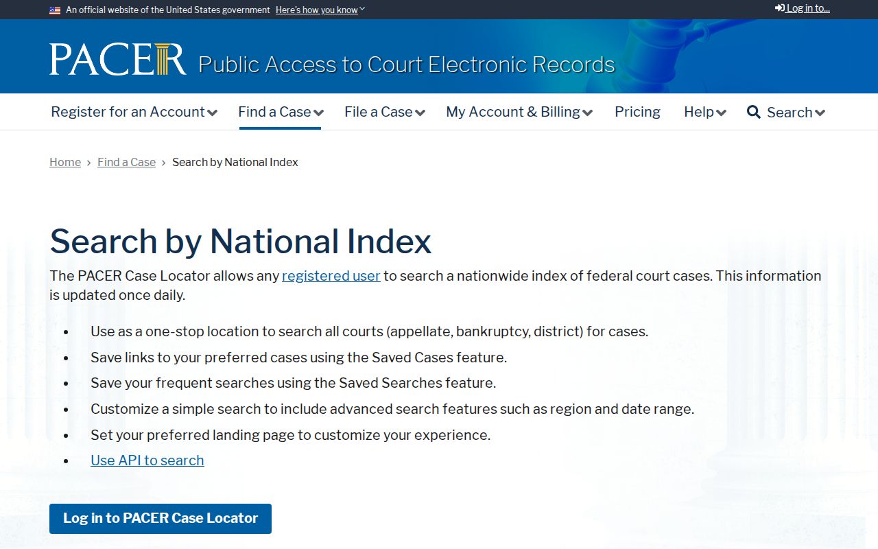 Federal warrant records search context through the PACER national case index