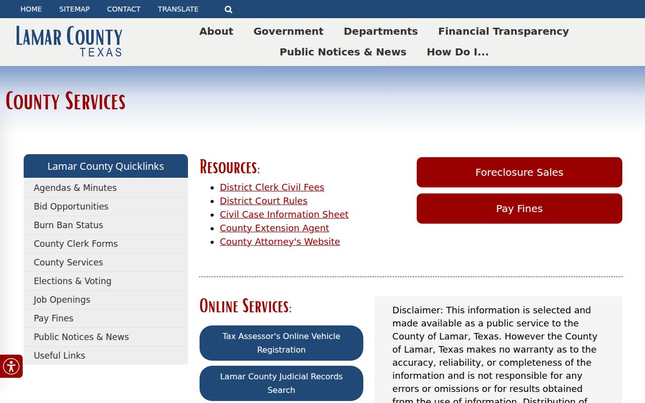 Lamar County warrant search link on the official County Services page